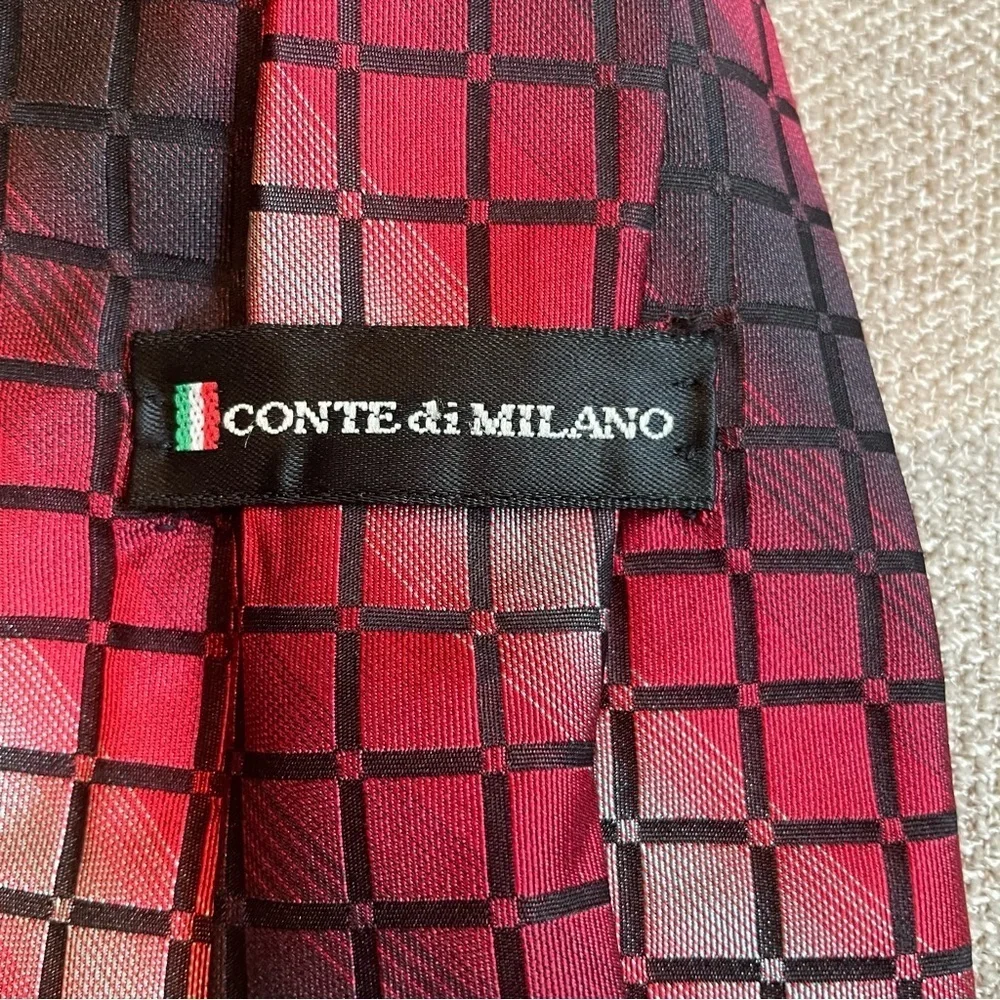 Conte di Milano Red Grey Black Square Pattern 100% Silk Men’s Geometric Tie